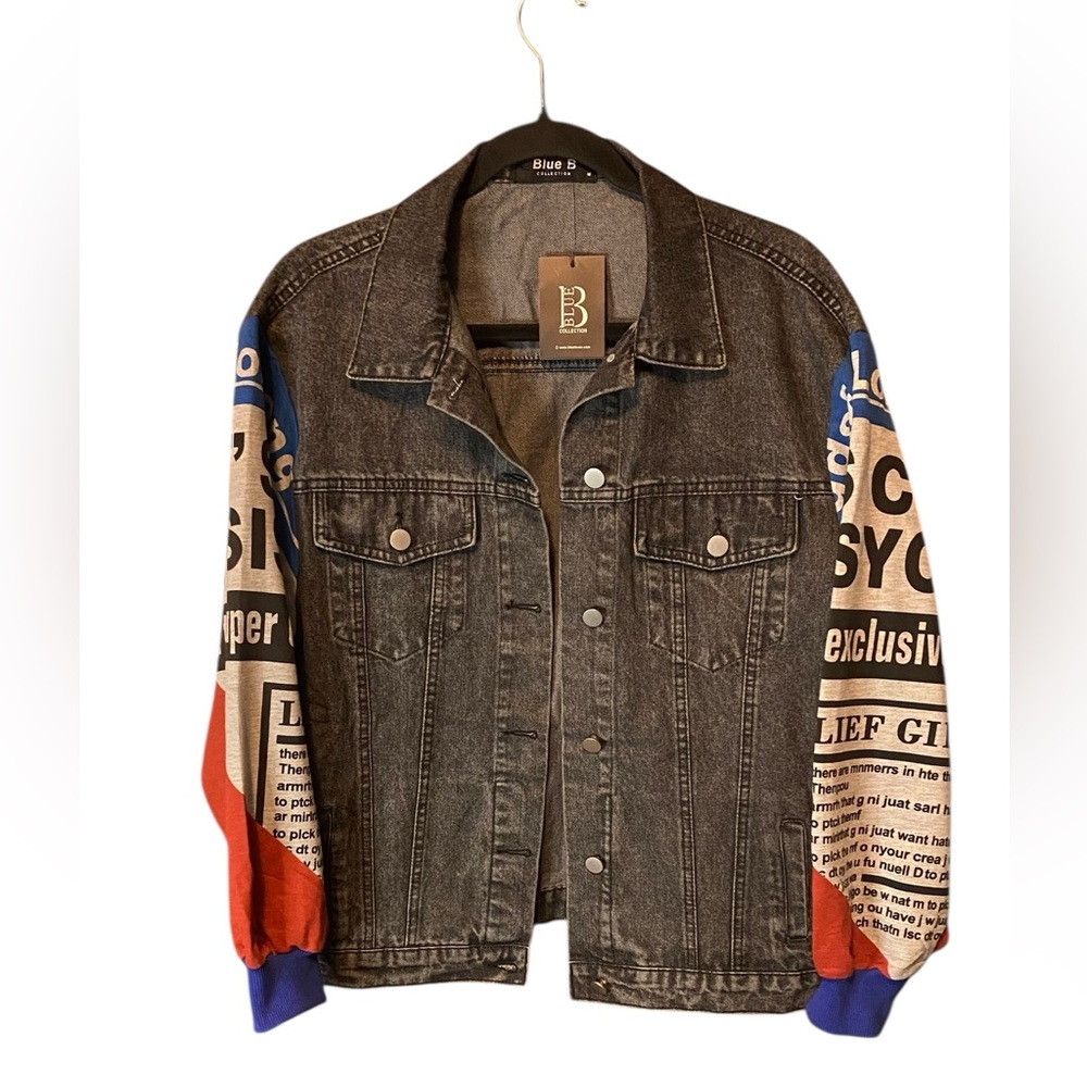 Blue B Denim Jacket Graphic Print Sleeves Patchwork Streetwear Medium NWT